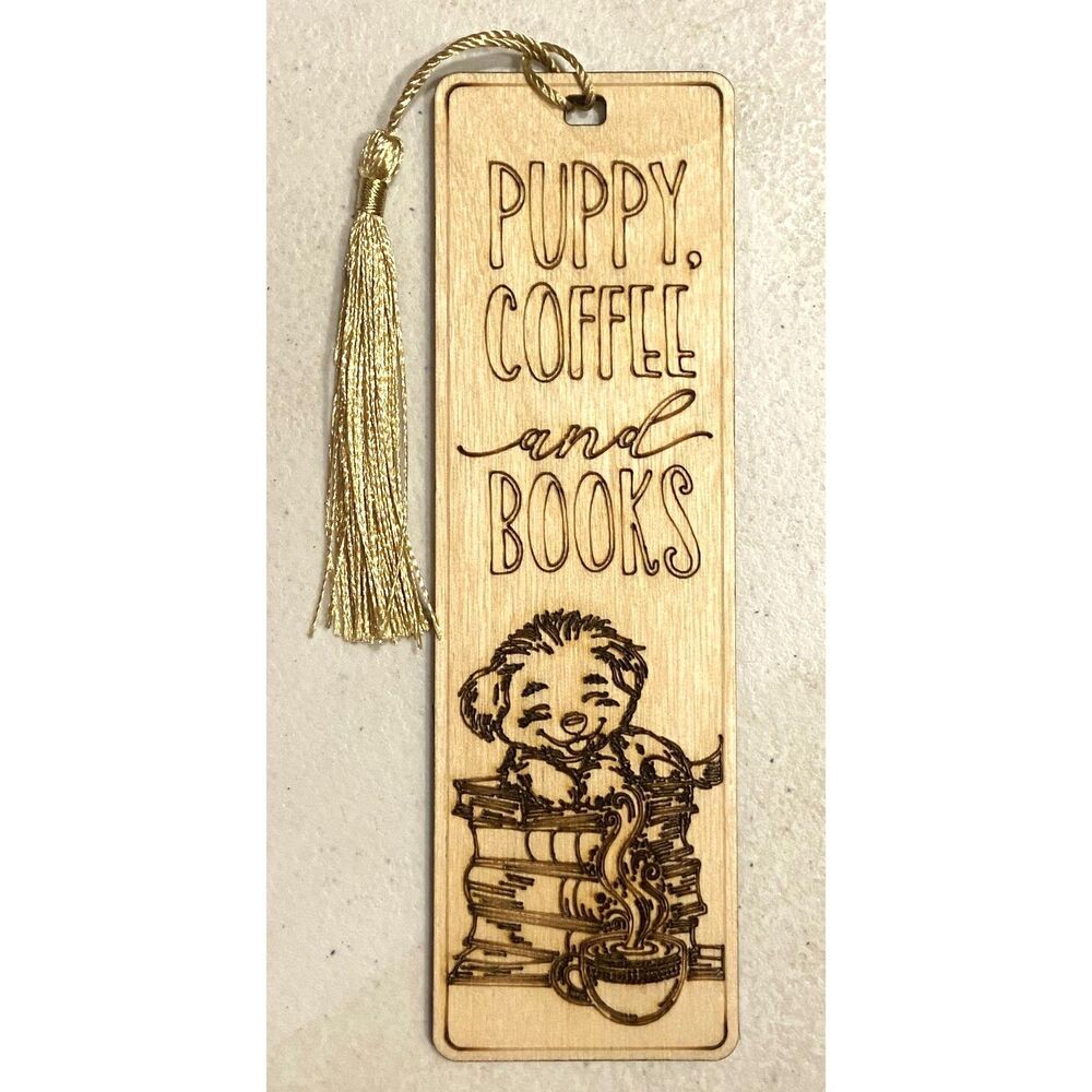 6" Wood Bookmark - Puppy, Coffee, and Books - B018
